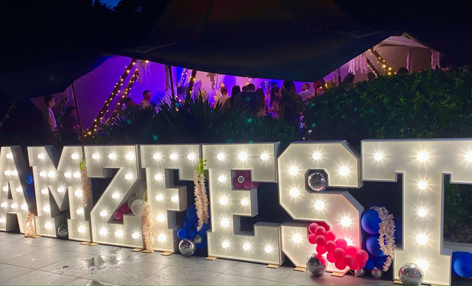 Light Up Letters and Numbers 1 Light-Up Letters spelling AMZFEST for Amy Hart's Festival Theme Birthday Party