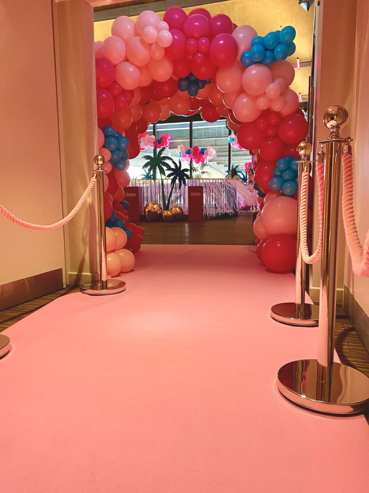 Barbie The Movie Launch 2 Barbie Balloon Tunnel with Pink Carpet and Pink Barrier Rope for Barbie The Movie