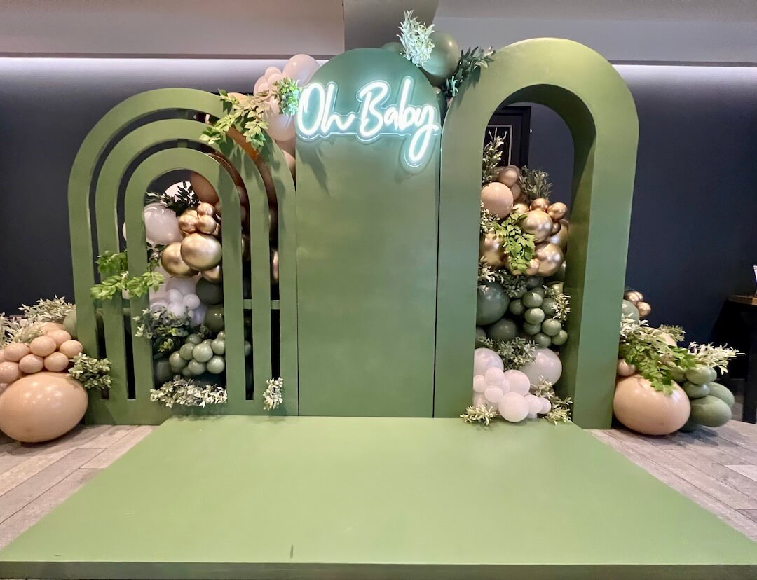 Baby Shower 1 Sage Green Baby Shower with Balloons Foliage and Backdrop Arches